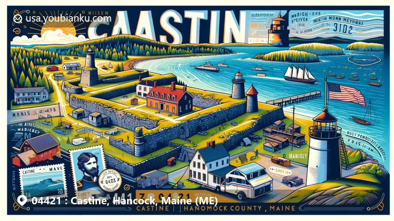 Modern illustration of Castine, Hancock County, Maine, featuring historic Fort George, scenic Penobscot Bay, and Maine Maritime Academy, with postal elements like stamps and postmarks, showcasing ZIP code 04421.