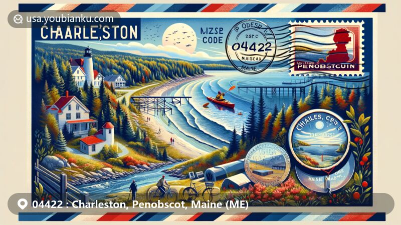 Modern illustration of Charleston, Penobscot County, Maine, with postal theme showcasing ZIP code 04422, featuring scenic coastal views and outdoor activities like sea kayaking and biking.