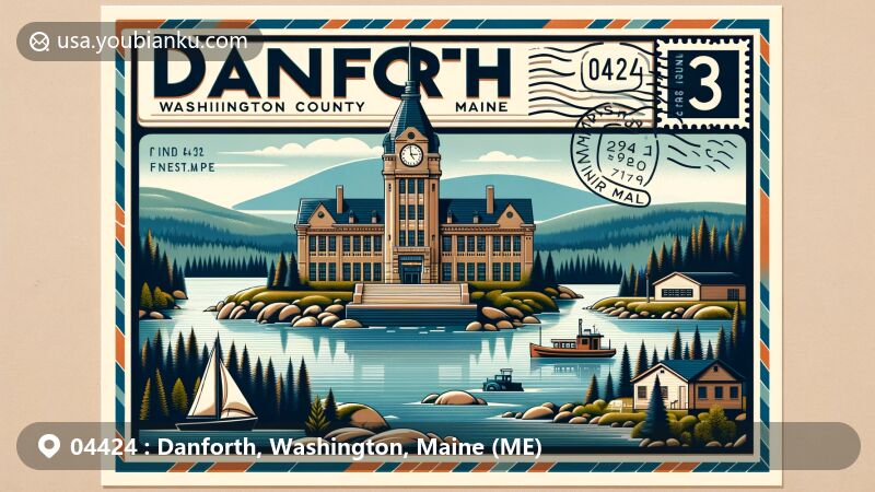 Modern illustration of Danforth, Washington County, Maine, featuring a postal theme design with key elements including Baskahegan Stream, Grand Lake, and Union Hall, highlighting the natural beauty and historical landmarks of the area.