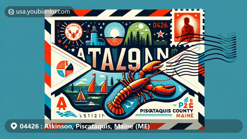 Creative illustration of Atkinson, Piscataquis County, Maine, designed in the form of an airmail envelope for ZIP code 04426, featuring state symbols like lobster and pine trees, with a stamp-like motif highlighting a local landmark.