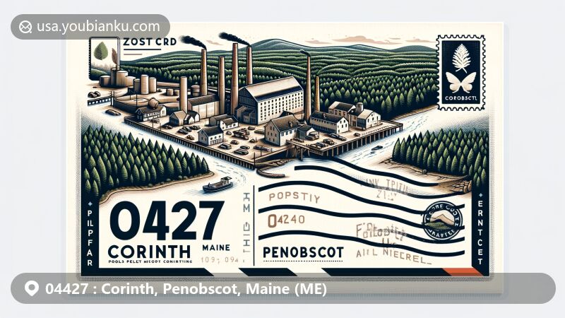 Modern illustration of Corinth, Penobscot County, Maine, featuring postal theme with ZIP code 04427, highlighting Corinth Wood Pellet Mill, dense forests, Corinth Village with historic architecture, and image of Penobscot River.