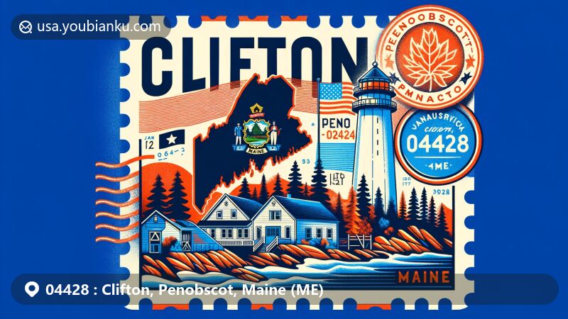 Modern illustration of Clifton, Penobscot County, Maine, displaying a vintage air mail theme with Maine state flag, rural scenery, and vintage postage stamp design.