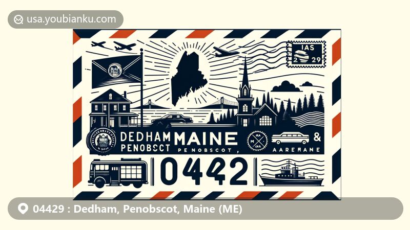 Modern illustration of Dedham, Penobscot County, Maine, showcasing postal theme with ZIP code 04429, featuring Maine state symbols and iconic county scenery.