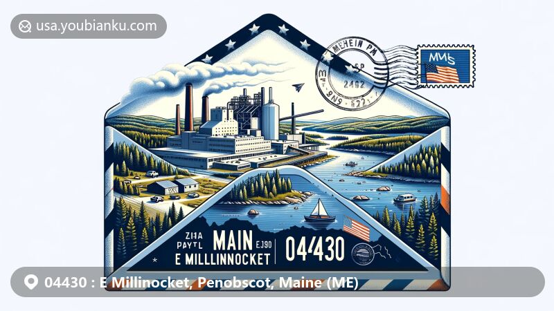 Modern illustration of ZIP Code 04430 showcasing Great Northern Paper Company's paper mill and scenic Dolby Pond in E Millinocket, Maine, featuring Maine state symbols and American postal theme.