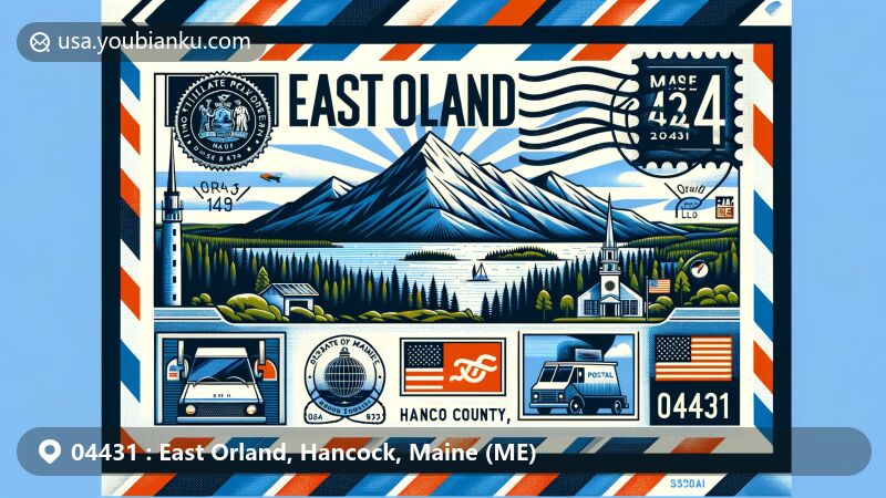 Modern illustration of East Orland, Hancock County, Maine, showcasing postal theme with ZIP code 04431, featuring Great Pond Mountain and Maine state symbols.