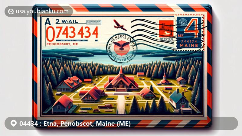 Artistic rendition of Etna, Penobscot County, Maine, ZIP Code 04434, featuring vintage airmail envelope with Maine state flag stamp, Camp Etna historical scenes & Penobscot County outline.