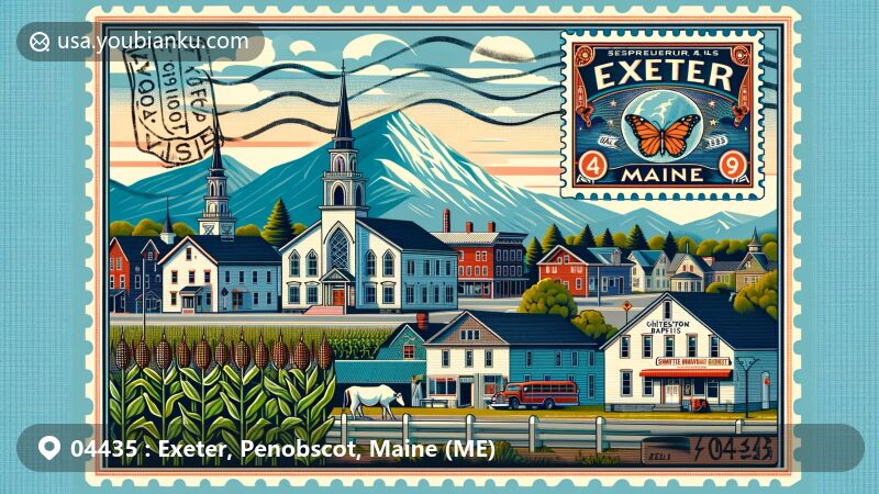 Modern illustration of Exeter, Maine, showcasing a typical American small town landscape with Exeter Town Office or Cornerstone Baptist Church, White Mountain National Forest in the background, and agricultural elements like corn and dairy cows on the edges of the postcard.