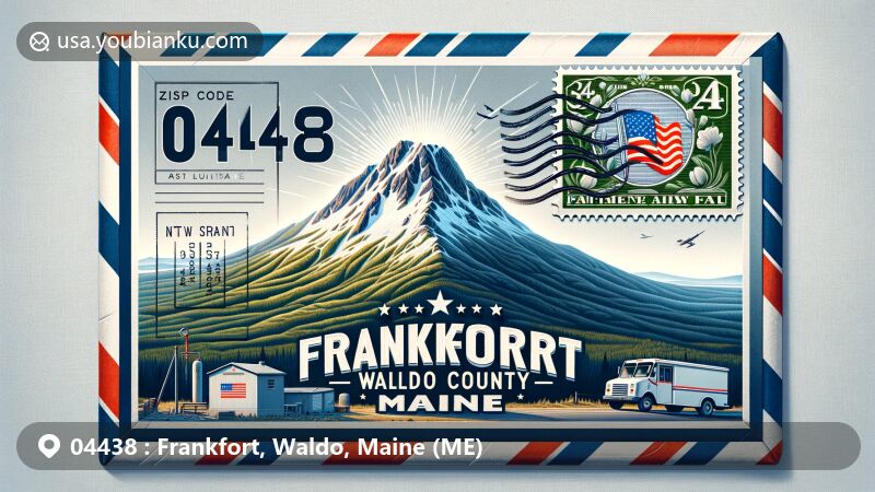 Vintage-style airmail envelope illustration for Frankfort, Waldo County, Maine with ZIP code 04438, featuring realistic Mount Waldo and Maine state flag stamp.