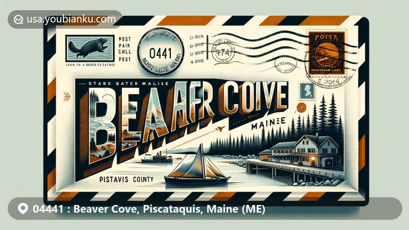 Modern illustration of Beaver Cove, Piscataquis County, Maine, featuring vintage air mail envelope with ZIP code 04441, showcasing Moosehead Lake, Huber Lumber Corporation history, and Maine state symbols.