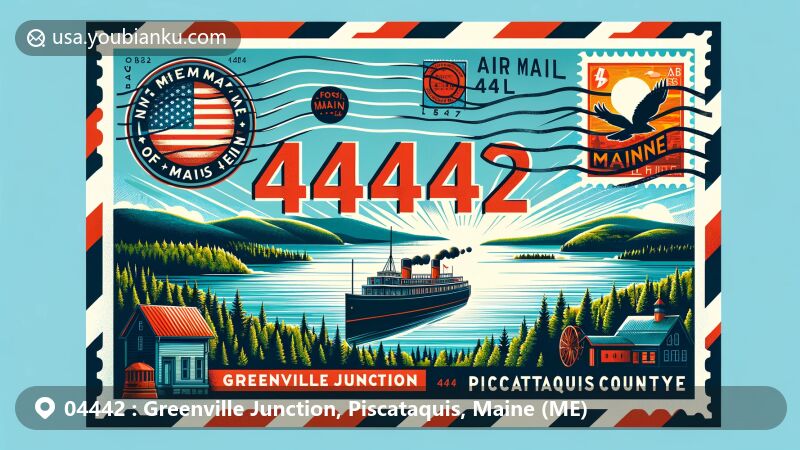 Vintage-style illustration of Greenville Junction, Piscataquis County, Maine, featuring air mail envelope with ZIP code 04442, Moosehead Lake, Katahdin Steamship, and Maine landscapes.