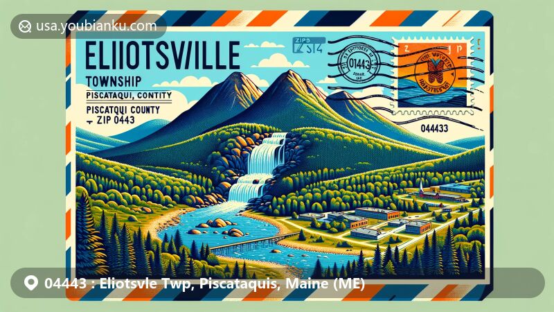Vibrant illustration of Eliotsville Township, Piscataquis County, Maine, featuring Borestone Mountain's twin peaks, lush forests, Little Wilson Falls waterfall, and hiking trail, designed in postcard or air mail envelope style with postal elements and ZIP code 04443.