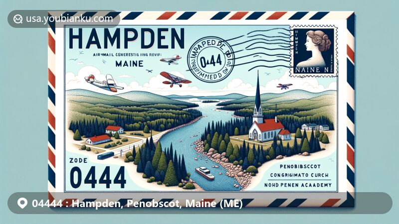 Modern illustration of Hampden, Maine, showcasing ZIP code 04444, featuring Penobscot River, North Maine Woods, Hampden Congregational Church, and Hampden Academy.