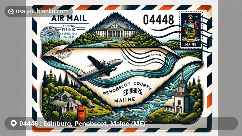 Creative depiction of Edinburg, Penobscot County, Maine, showcasing air mail envelope with Penobscot River, ZIP code 04448, Maine state symbols, and iconic postal elements.