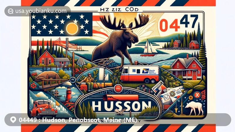 Modern illustration of Hudson, Penobscot County, Maine, showcasing postal theme with ZIP code 04449, featuring Maine state flag, moose, farmer, seaman, and Penobscot County's scenic beauty.
