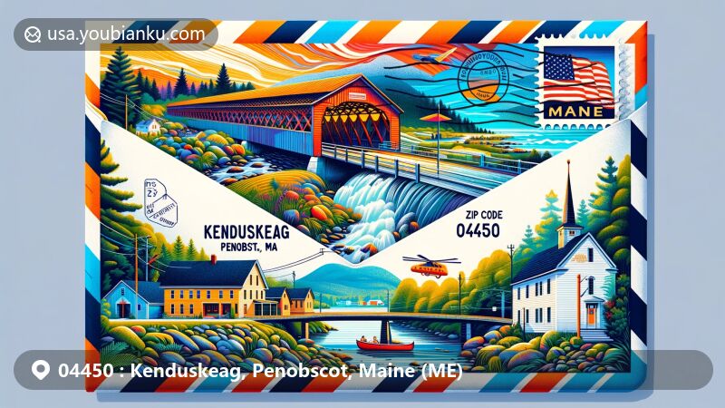 Modern illustration of Kenduskeag, Penobscot, Maine, emphasizing postal theme with ZIP code 04450, featuring tranquil town scenery, historic covered bridges, and Kenduskeag Stream.