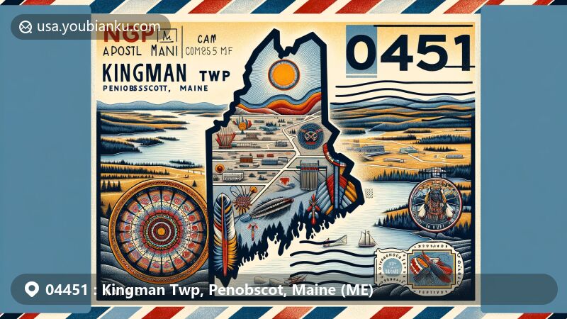 Modern illustration of Kingman Twp, Penobscot, Maine, showcasing detailed map of Penobscot County with Mattawamkeag River, featuring Penobscot Native American cultural elements and stylized postal stamp with ZIP code 04451 and town name.