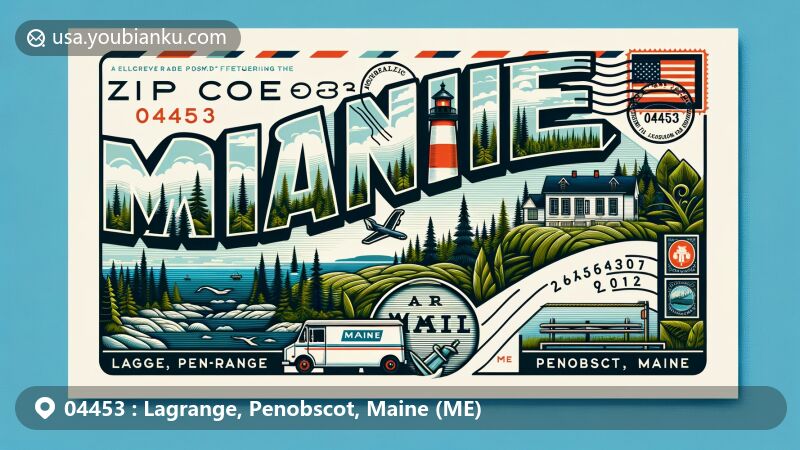 Modern illustration of Lagrange, Penobscot, Maine, ZIP code 04453, showcasing Maine state emblem, forests, coastline, and postal theme with air mail envelope, postage elements, and 04453 ZIP code.