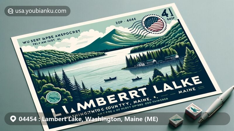 Modern illustration of Lambert Lake, showcasing natural beauty of the area corresponding to ZIP code 04454, featuring serene lake waters surrounded by forest-covered hills and postal elements like stamps and postmarks.