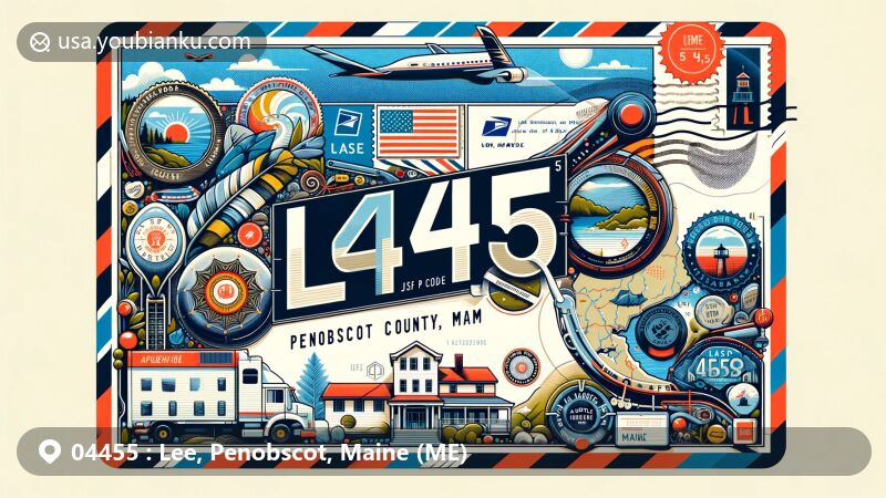 Modern illustration of Lee, Penobscot County, Maine, with postal theme showcasing ZIP code 04455, featuring iconic Maine elements, including state outline and flag.