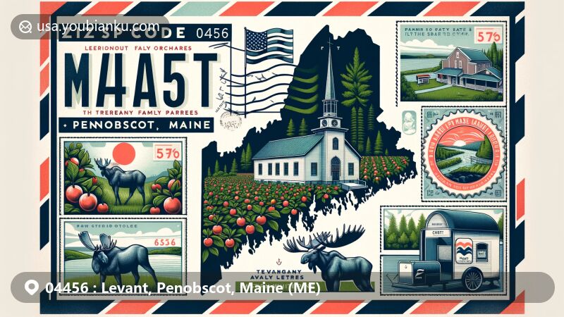 Modern illustration of Levant, Penobscot, Maine (ME), showcasing Treworgy Family Orchards surrounded by Maine's moose and Eastern White Pine, featuring Maine state flag and Penobscot County's distinctive shape, integrated with postal elements like vintage postage stamp with ZIP code 04456 and traditional American mailbox.