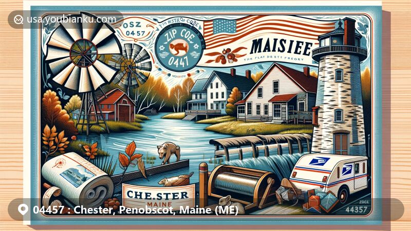 Modern illustration of Chester, Maine, depicting a postcard with small farms, a water mill, and 19th-century architecture, adorned with Penobscot tribe craft patterns. Background features Maine's flag and state flower, with postal elements like a mailbox, postal van, and stamp with ZIP code 04457.