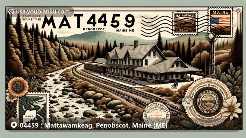 Illustration of Mattawamkeag, Penobscot County, Maine (ME), focusing on Mattawamkeag Wilderness Park's hiking trails and natural beauty, featuring historic Mattawamkeag Railroad Station and vintage airmail postal theme.