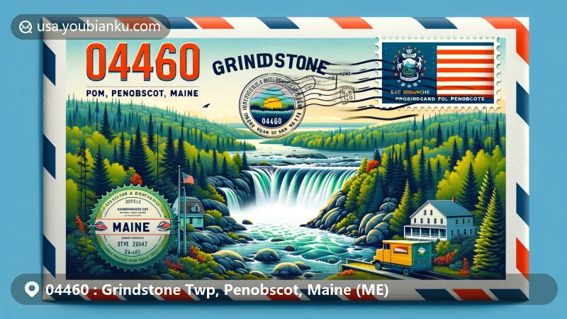 现代插图，代表缅因州Penobscot县Grindstone乡（Grindstone Twp）的邮政编码04460，突出展示了Penobscot River东支、Grindstone Falls和茂密的森林区域，融合了缅因州州旗和邮政元素。
