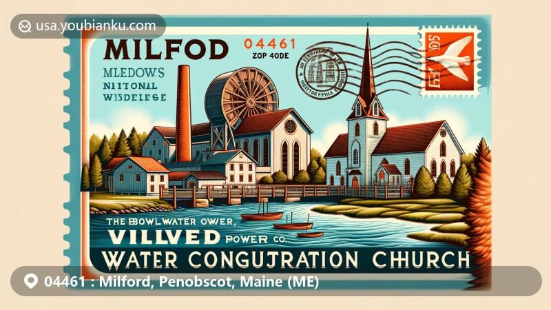 Modern illustration of Milford, Maine, showcasing postal theme with ZIP code 04461, featuring Bodwell Water Power Co. Plant, Milford Congregational Church, and Sunkhaze Meadows National Wildlife Refuge.