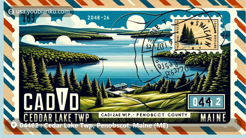 Illustration of cedar lake in Cedar Lake Twp, Penobscot County, Maine, capturing the scenic beauty with lush greenery and clear blue skies, incorporating Maine state symbols.
