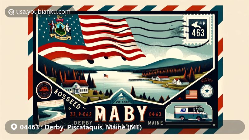 Modern illustration of Derby, Piscataquis, Maine, showcasing postal theme with ZIP code 04463, featuring Moosehead Lake and Piscataquis County map, including Maine state flag.