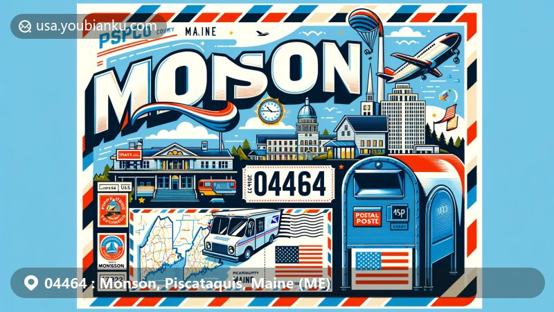 Modern illustration of Monson, Piscataquis County, Maine, featuring postal theme with ZIP code 04464, showcasing state symbols and landmarks.