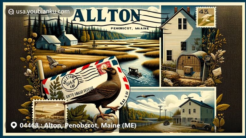 Modern illustration of Alton, Penobscot, Maine, with postal theme and ZIP code 04468, showcasing rural charm, Hirundo Wildlife Refuge, historic building, and vintage postal card.