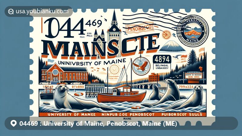 Modern illustration of Penobscot, Maine, showcasing Penobscot River, bilingual signs of Penobscot Nation, University of Maine buildings, and Harbor Seals, mimicking an airmail envelope or postcard with stamps and postmark highlighting ZIP code 04469.