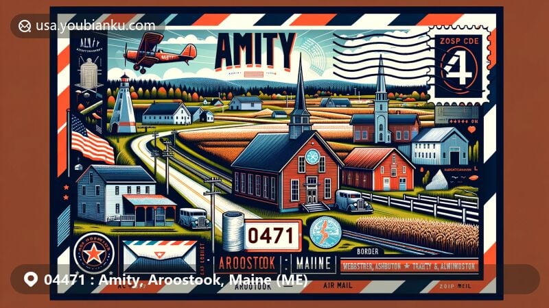 Modern illustration of Amity, Aroostook, Maine, showcasing historical landmarks like Reed School, farms, and border monument, along with postal elements and ZIP code 04471.