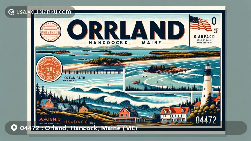 Modern illustration of Orland, Hancock County, Maine, featuring scenic views of Orland town, Ocean Path in Acadia National Park, and Maine state flag, with postal theme including 'Orland, Hancock, Maine' and ZIP code 04472.