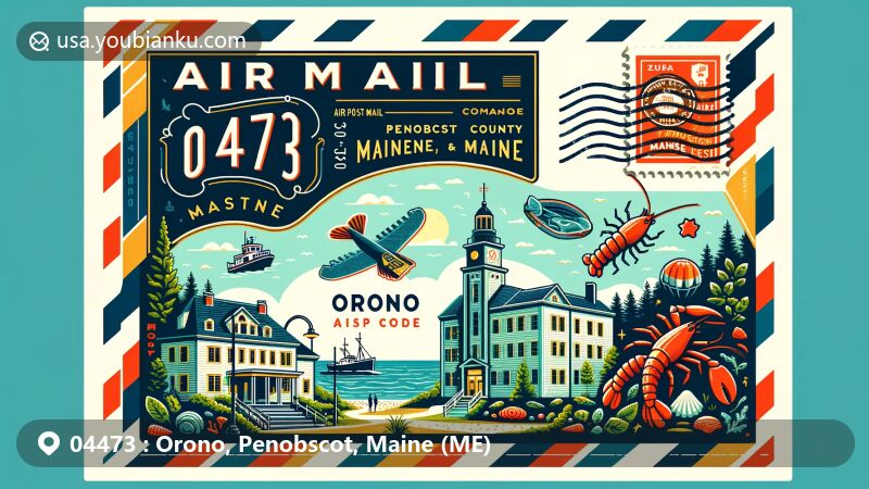 Modern illustration of Orono, Penobscot County, Maine, featuring academic and brewery symbols, Orono Bog Boardwalk, lobsters, lighthouses, and postal elements with ZIP code 04473.