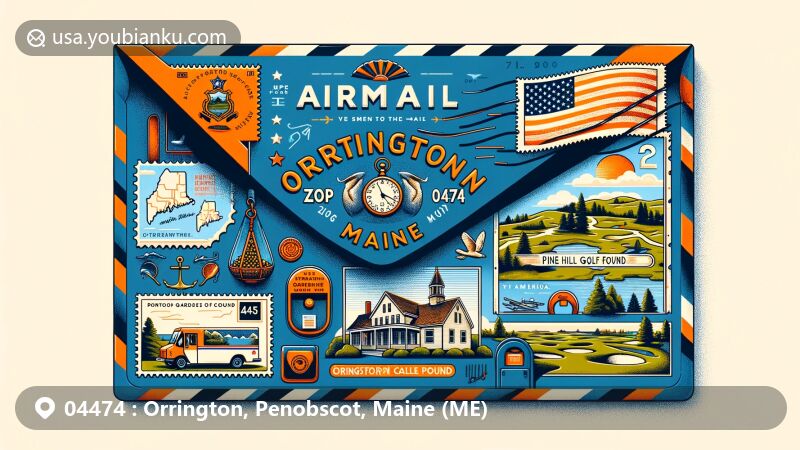 Modern illustration of Orrington, Maine, showcasing airmail theme with Maine state flag, Ledgewood Gardens, Pine Hill Golf Course, and historic 1807 Orrington Cattle Pound, featuring ZIP code 04474 and traditional postal symbols.