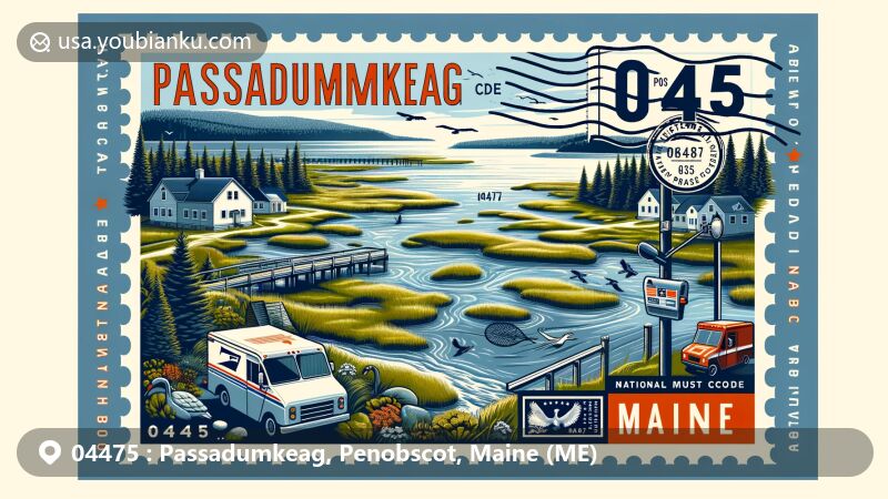 Modern illustration of Passadumkeag, Maine, showcasing natural beauty with Penobscot River and Passadumkeag River, featuring National Natural Landmarks and unique marsh ecosystem elements, integrating Maine state symbols, presented in a airmail envelope with postal theme.