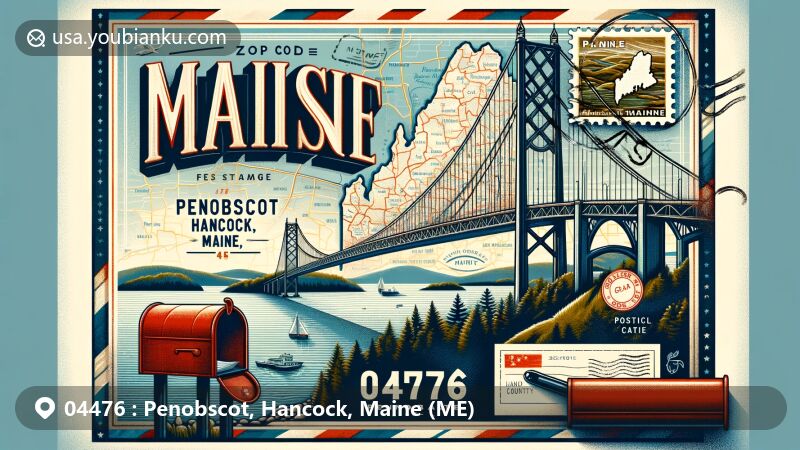 Vintage postcard illustration of Penobscot Narrows Bridge in Hancock County, Maine, featuring Maine map, state flag, postal stamp with ZIP code 04476, postmark, and red mailbox.