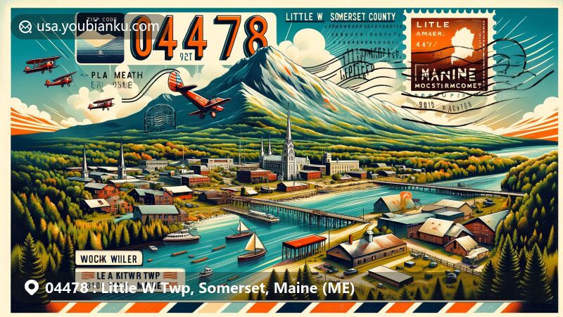 Artistic depiction of Little W Twp, Somerset County, Maine, showcasing postal theme with ZIP code 04478, featuring Rockwood's landmarks like Mount Kineo and Big Spencer Mountain.