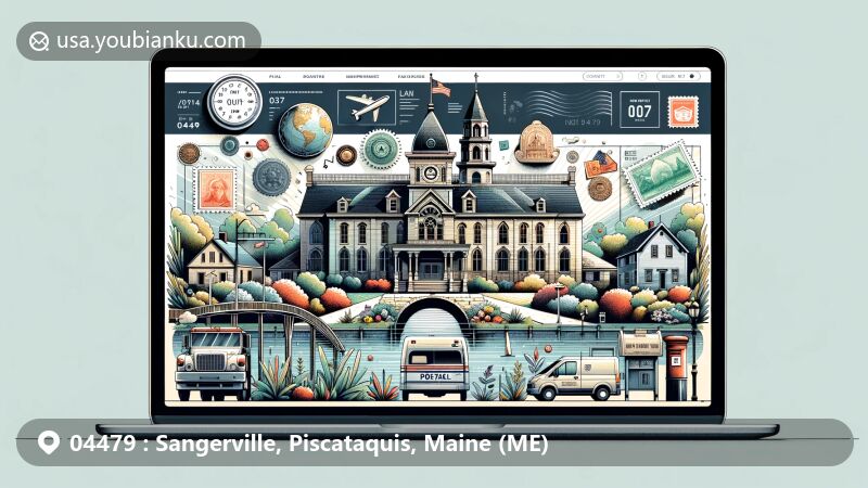 Modern illustration of Sangerville Town Hall in Maine showcasing Colonial Revival architecture, with foreground elements like Low's Bridge and Center Pond, integrated with postal theme including ZIP Code 04479 and various postal elements.