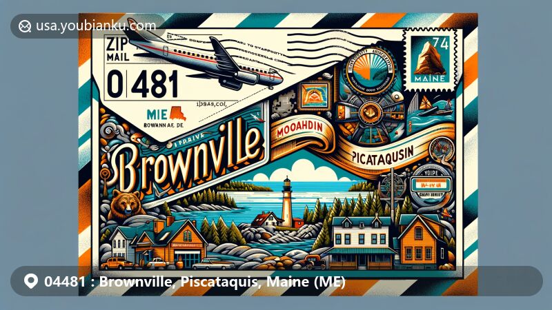 Modern illustration of Brownville, Piscataquis County, Maine, featuring postal theme with ZIP code 04481, showcasing landmarks like Moosehead Lake, Katahdin Iron Works, and Maine state outline.