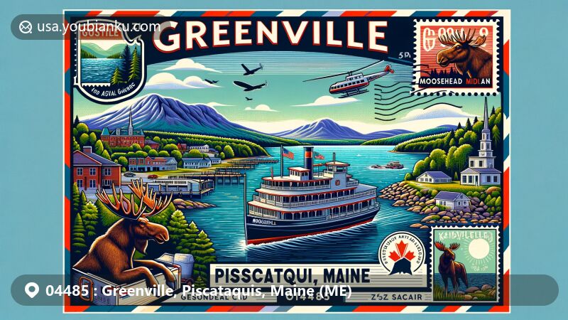 Modern illustration of Greenville, Piscataquis, Maine, showcasing Moosehead Lake, Mount Kineo cliff, Katahdin steamboat, Moosehead Marine Museum, and moose safaris, with airmail envelope design featuring ZIP code 04485 and moose symbol.