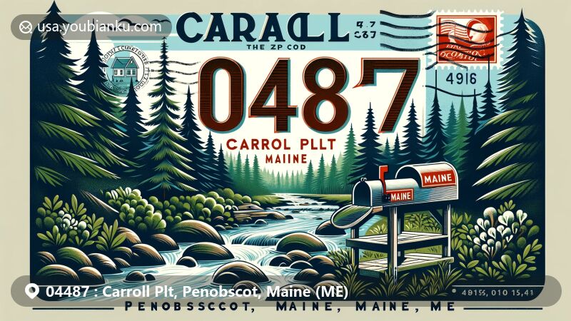 Modern illustration of Carroll Plt, Penobscot, Maine, showcasing natural beauty with lush trees and a brook, featuring vintage postcard with ZIP code 04487 and classic American mailbox.