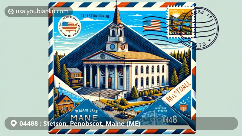 Modern illustration of Stetson Union Church, set against the backdrop of Pleasant Lake, Maine, in the style of an airmail envelope with postmarks and ZIP Code 04488, featuring prominent images of the church, U.S. flag, and Maine state flag.