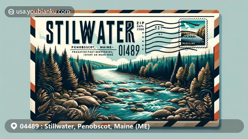 Modern illustration of Stillwater, Penobscot County, Maine, highlighting tranquil Stillwater River as a natural landmark, surrounded by picturesque landscape and Maine's natural beauty, featuring vintage air mail envelope design with ZIP code 04489.