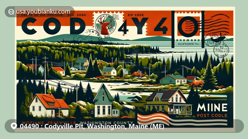 Modern illustration of Codyville, Washington County, Maine, featuring rural charm with dense forests, wildlife, typical housing, rugged coastline, and scenic landscapes, along with postal elements like stamps, postmarks, and ZIP code 04490.