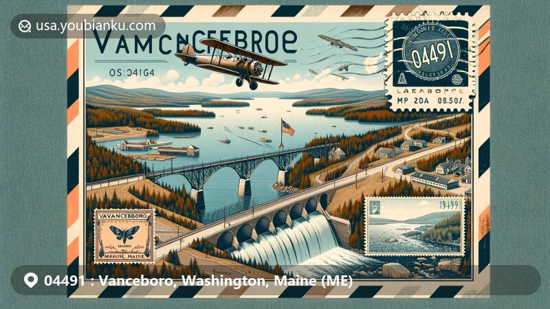 Modern illustration of Vanceboro, Washington County, Maine, featuring the Vanceboro-Lambert Road Bridge over the St. Croix River, Vanceboro Dam, and natural elements like Spednic Lake. Historical references include the railroad and the 1915 bridge bombing attempt, all with a postal theme and vintage air mail envelope, postage stamp, and postmark with ZIP code 04491.