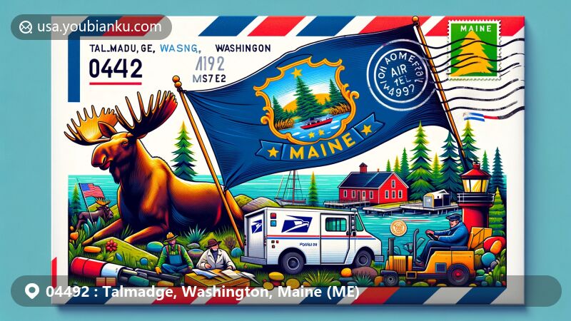 Colorful illustration of Talmadge, Washington County, Maine, showcasing Maine state flag with moose, farmer, and seaman, integrated with postal communication elements including stamps, mailbox, and postal van.