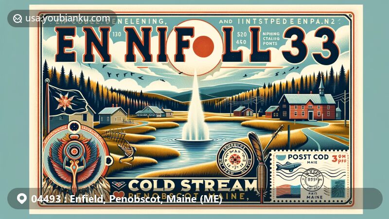 Postcard-style illustration of Enfield, Penobscot County, Maine, depicting Cold Stream Pond, rolling hills, dense forests, Penobscot Nation cultural practices, and the Maine state flag.